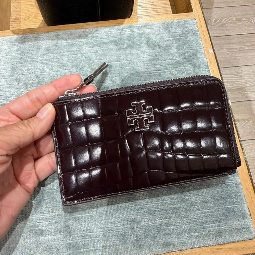 New‼️Tory Burch Britten Shiny Embossed Zip Card Case 182583 AMARANTH $170
